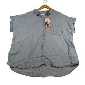 Ecothreads Womens XXL Blue Short Sleeve Button Down Shirt High Low Hem